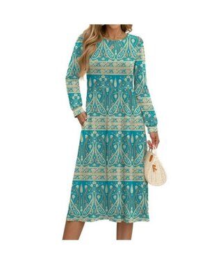 Fantaslook Long Sleeve Bohemian Dress Teal 2XL New Paisley Print Boho Casual